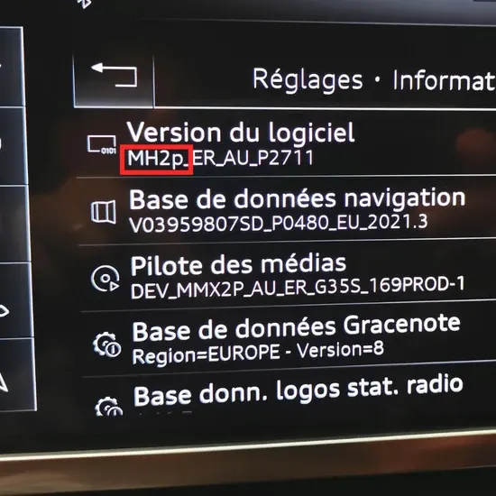 Écran Audi affichant la version du logiciel MH2p_ER_AU_P2711 dans les informations système