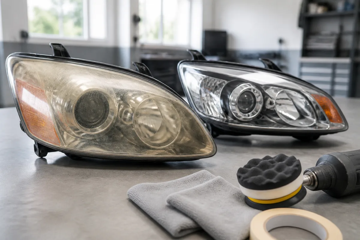 Deux optiques de phare côte à côte : l'une jaunie et ternie, l'autre rénovée et transparente