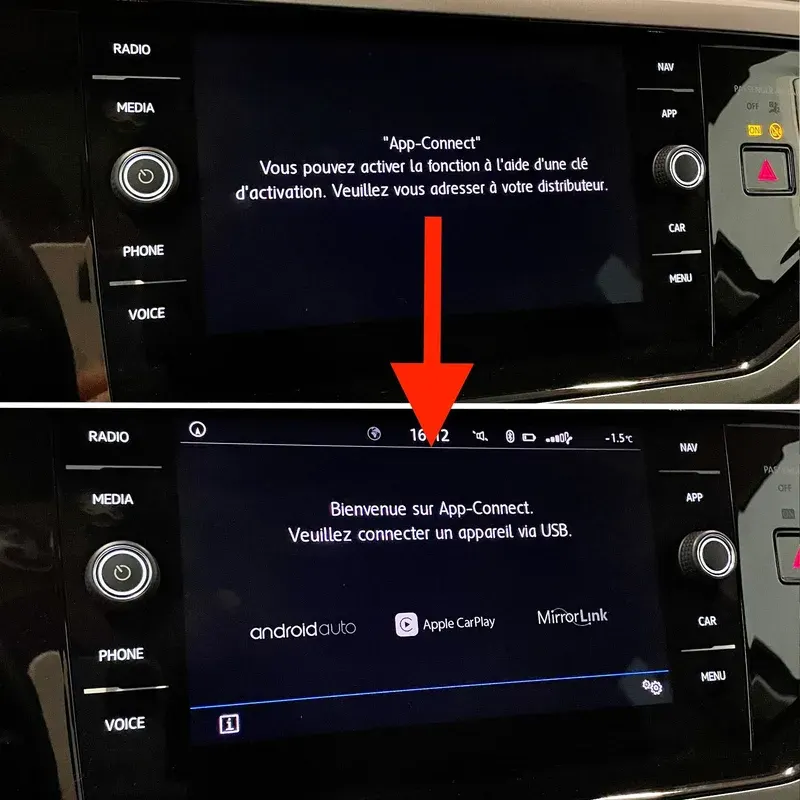 Écran App-Connect verrouillé avant activation, puis débloqué avec CarPlay et Android Auto après activation